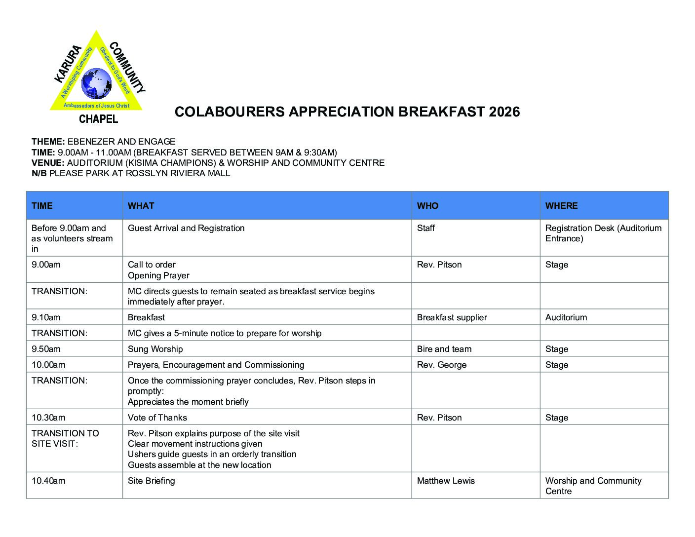 Colabourers Appreciation Breakfast – Event Flow